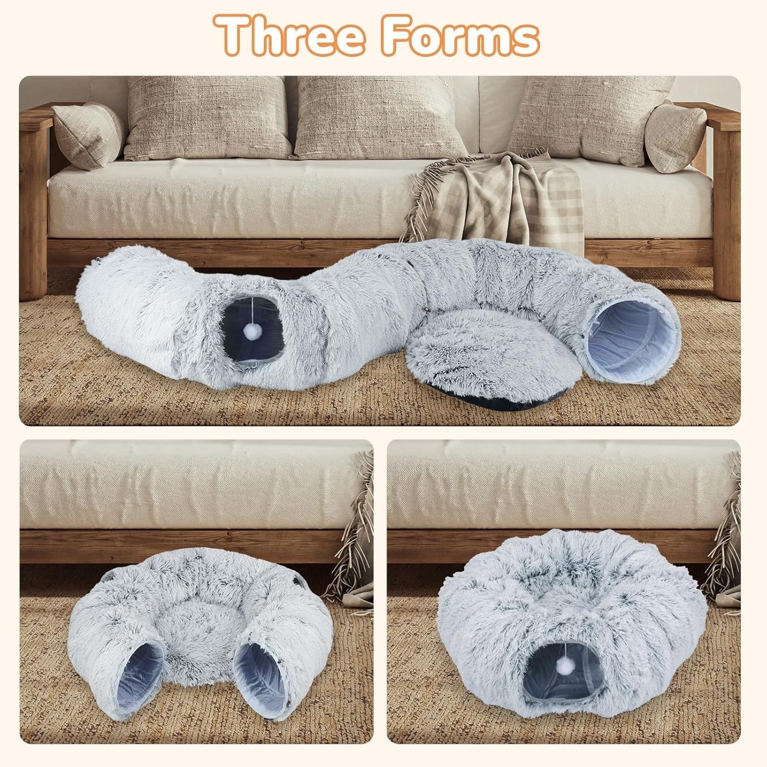 Cat Tunnel Bed Fluffy Cat Cave Toy w Cushion Large Indoor Pet Tunnel