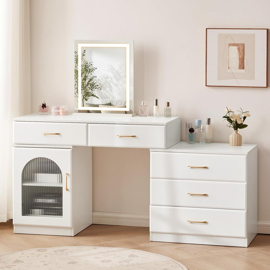Modern LED Vanity Dressing Table Desk Makeup Dresser 5 Drawer Cabinet Storage