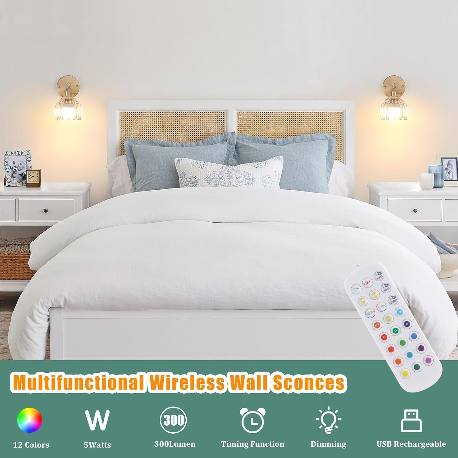 Set of 2 Rechargeable Wall Sconce Lamps with Remote, 12 RGB Colors & Dimmable