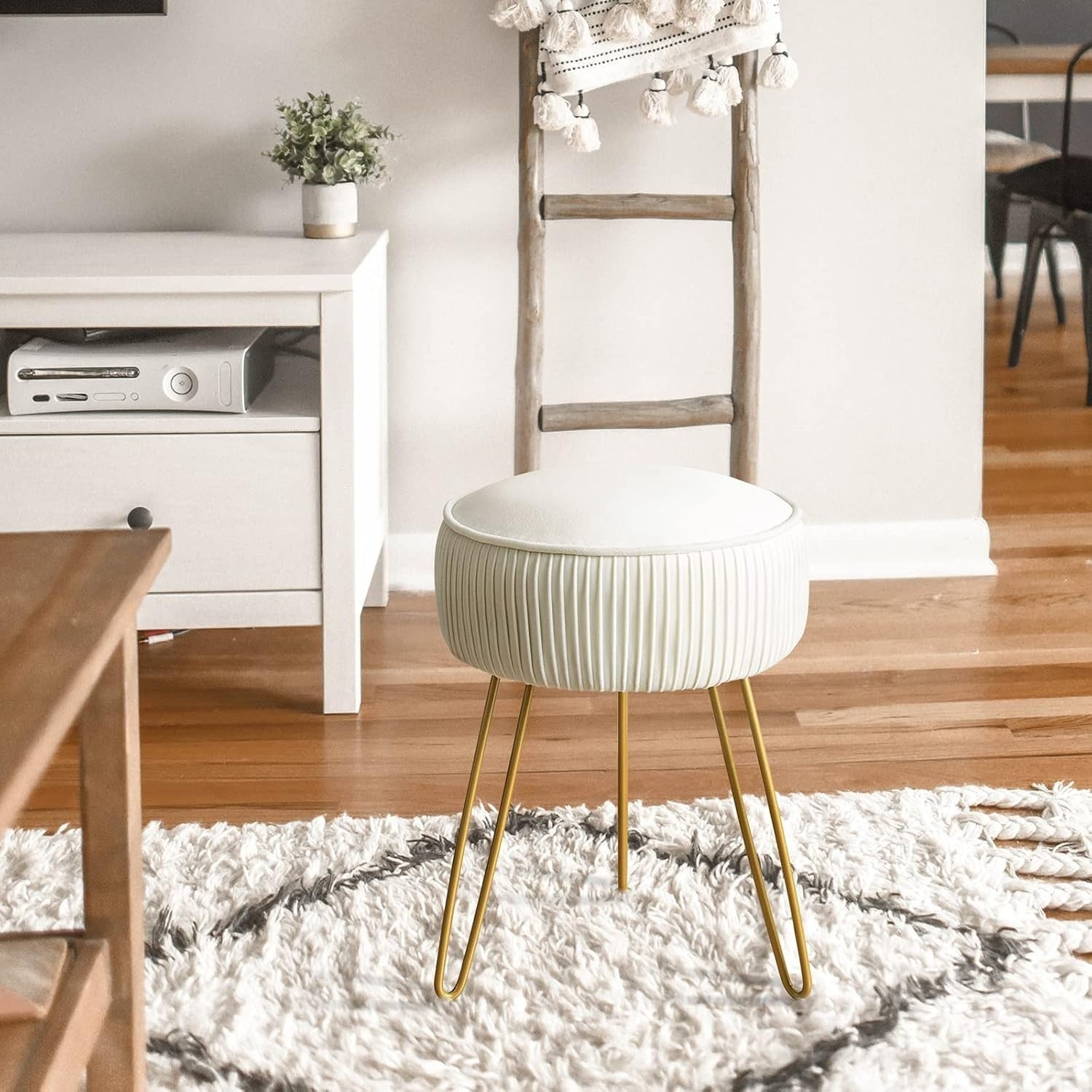 White Velvet Pleated Vanity Stool Round Ottoman with Gold Steel Legs