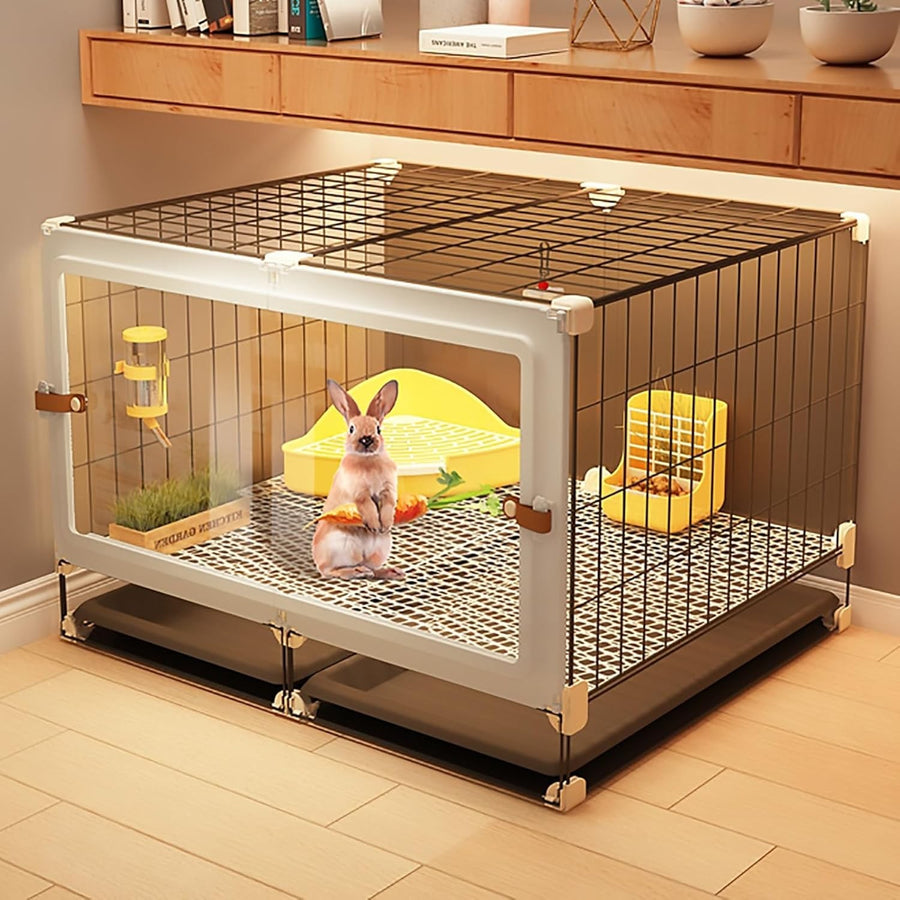 Indoor Rabbit Hutch Transparent Cage Sliding Door Easy Clean Tray