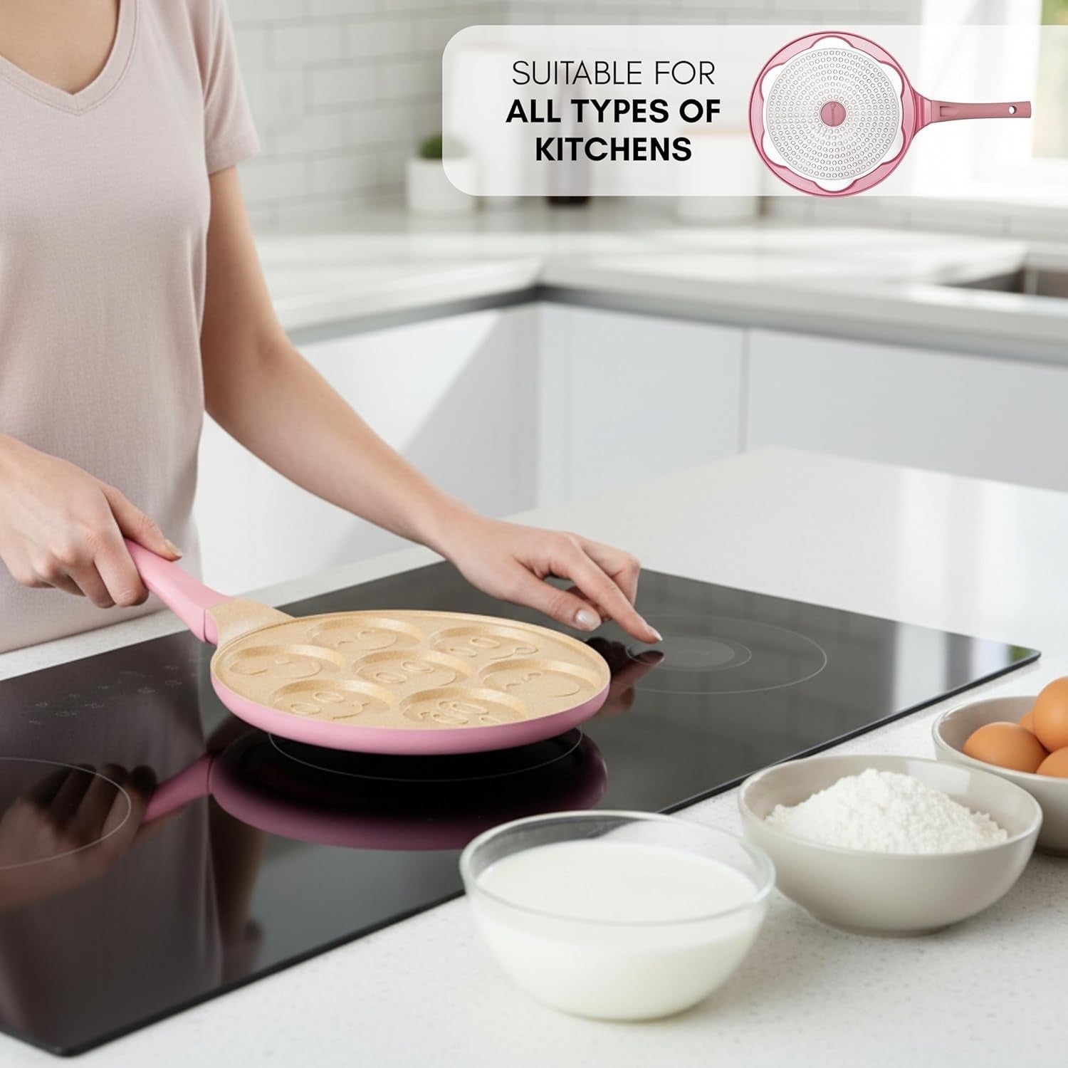 Pink 7 Smiley Pancake Pan 26cm Non-Stick Crepe Maker Induction Safe Soft Grip
