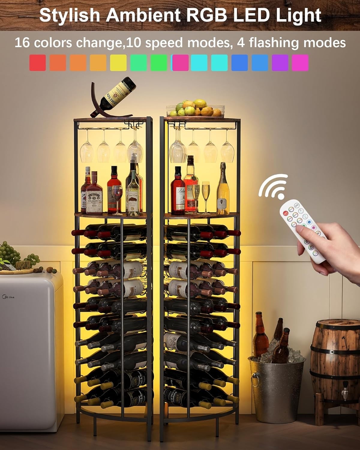 Corner Wine Rack Cabinet with LED Lights, 30 Bottle Storage & Glass Holder Bar