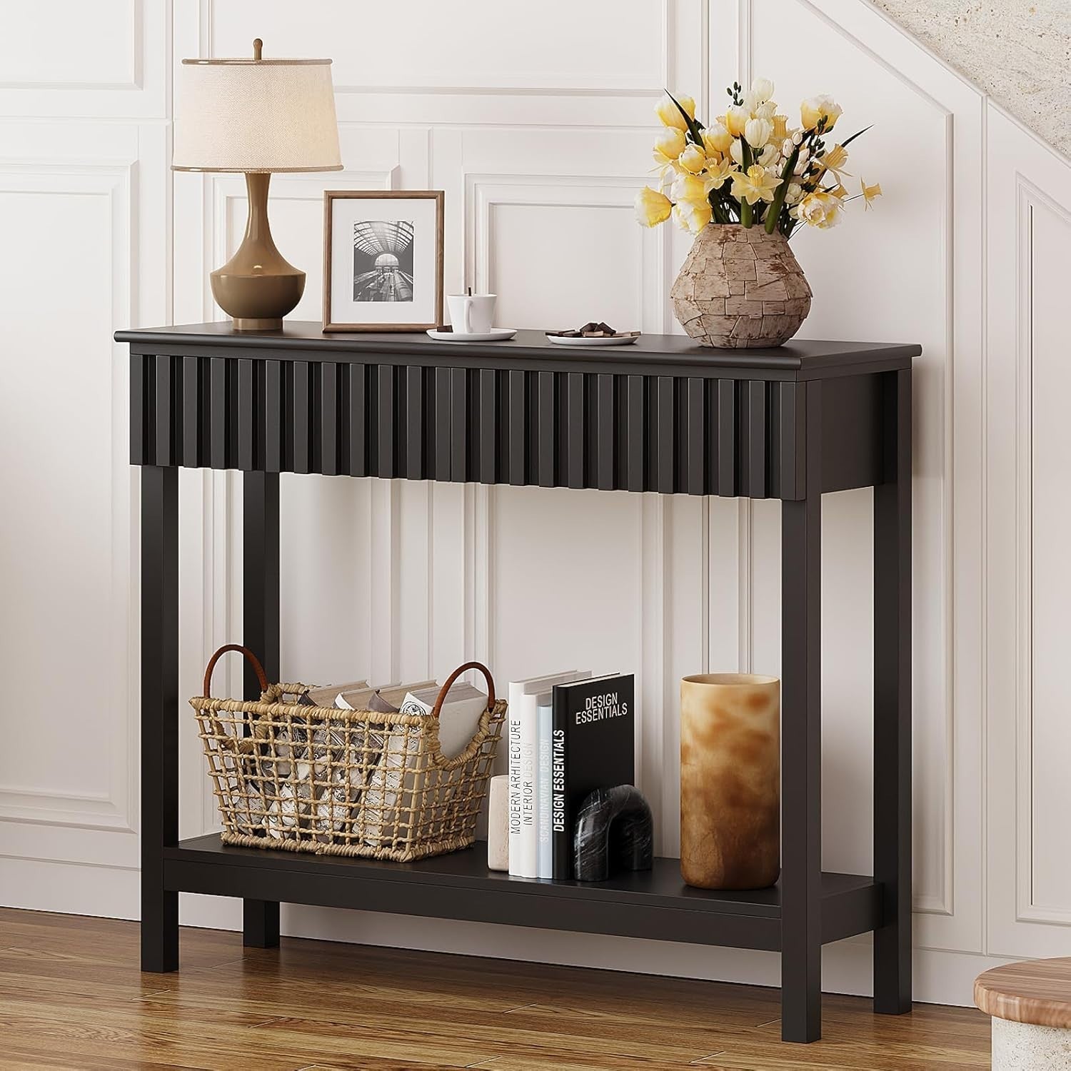 Narrow Fluted Console Table with 2 Drawers & Open Shelf, 81.5cm H