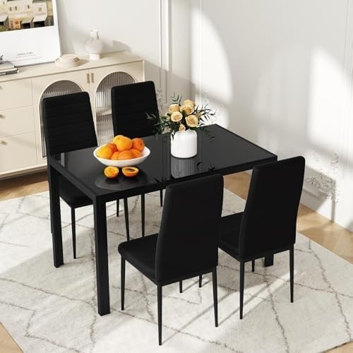 Modern Black 120x70cm Glass Dining Table Set with 4 PU Leather Chairs