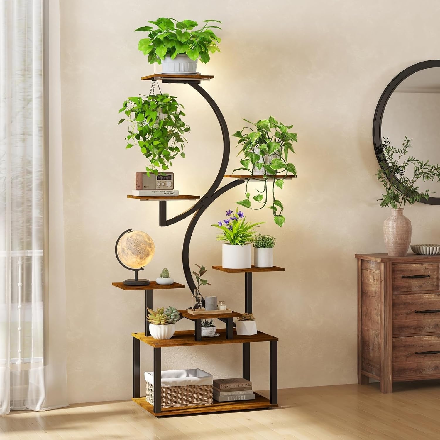 8-Tier S-Shaped Metal Plant Stand with LED Grow Lights | 158cm Tall Indoor Shelf
