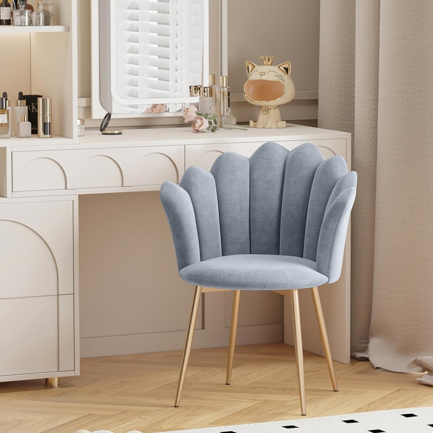 Velvet Vanity Chair Shell Back Gold Metal Legs Grey