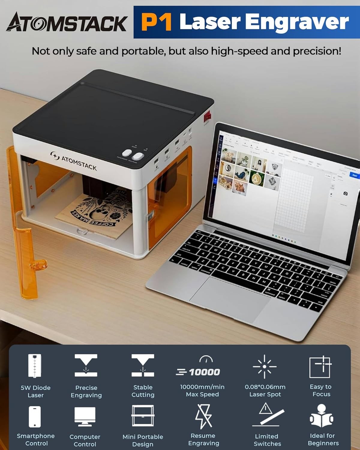 Enclosed Laser Engraver 5W Desktop Cutter 110×110mm Wood Leather DIY