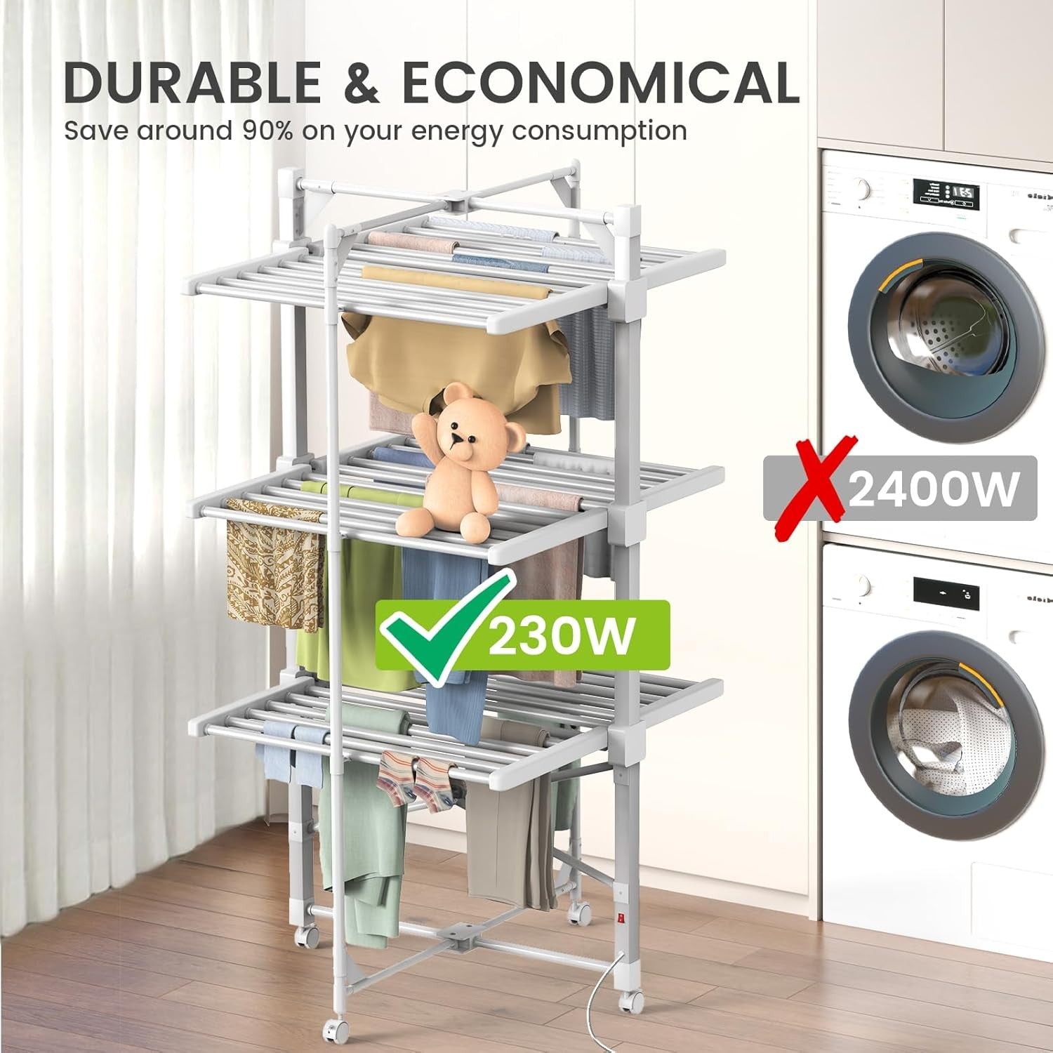 Heated Clothes Airer 3 Tier 36 Rails Electric Folding Indoor Dryer 21kg