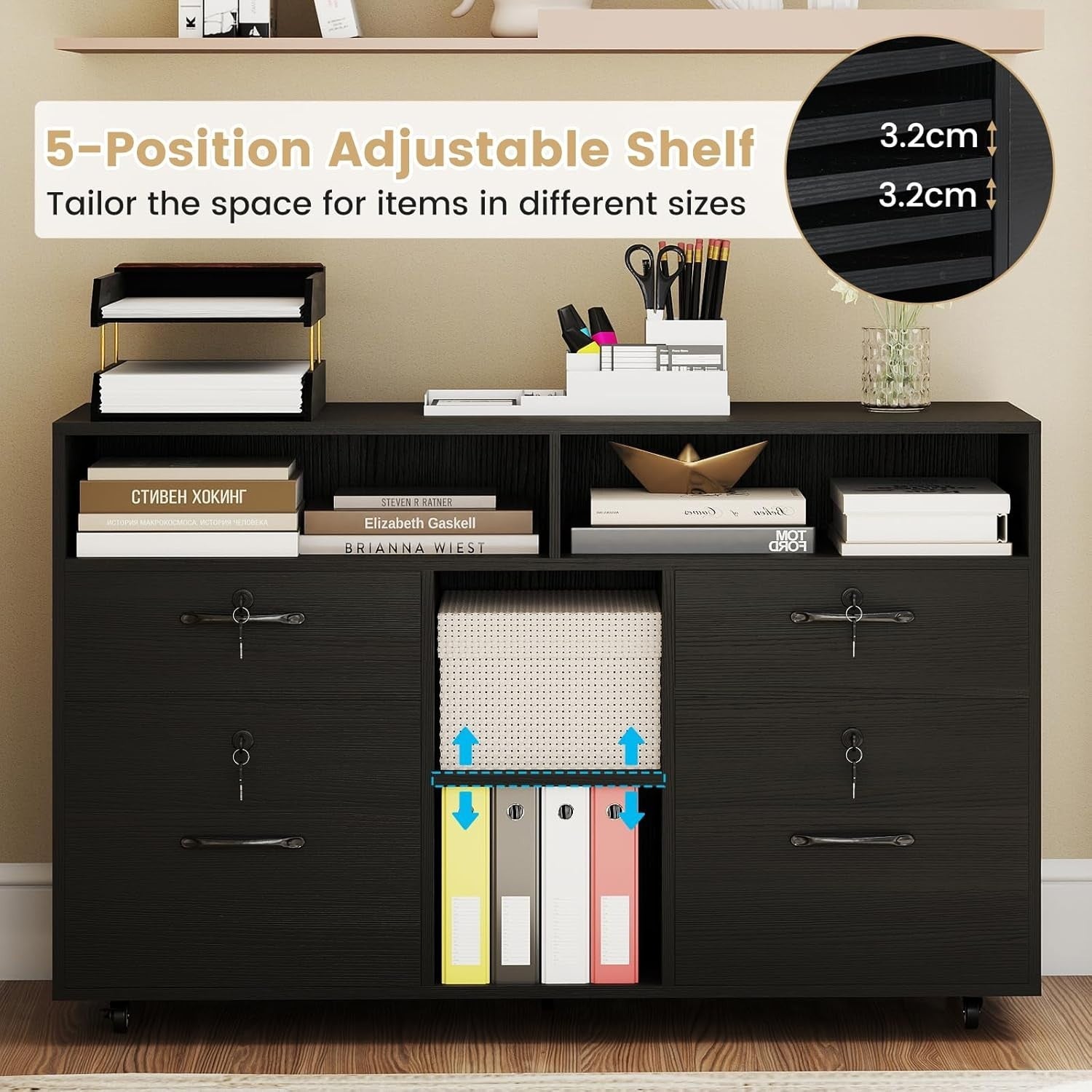 Black Wide Mobile File Cabinet 4 Drawer Lockable Lateral Printer Stand