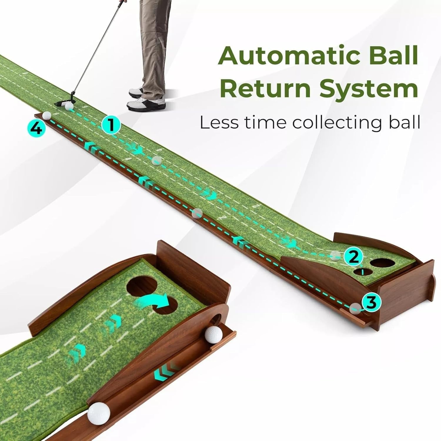 Indoor Golf Putting Mat Set 102in w Putter Balls Auto Return Practice Green