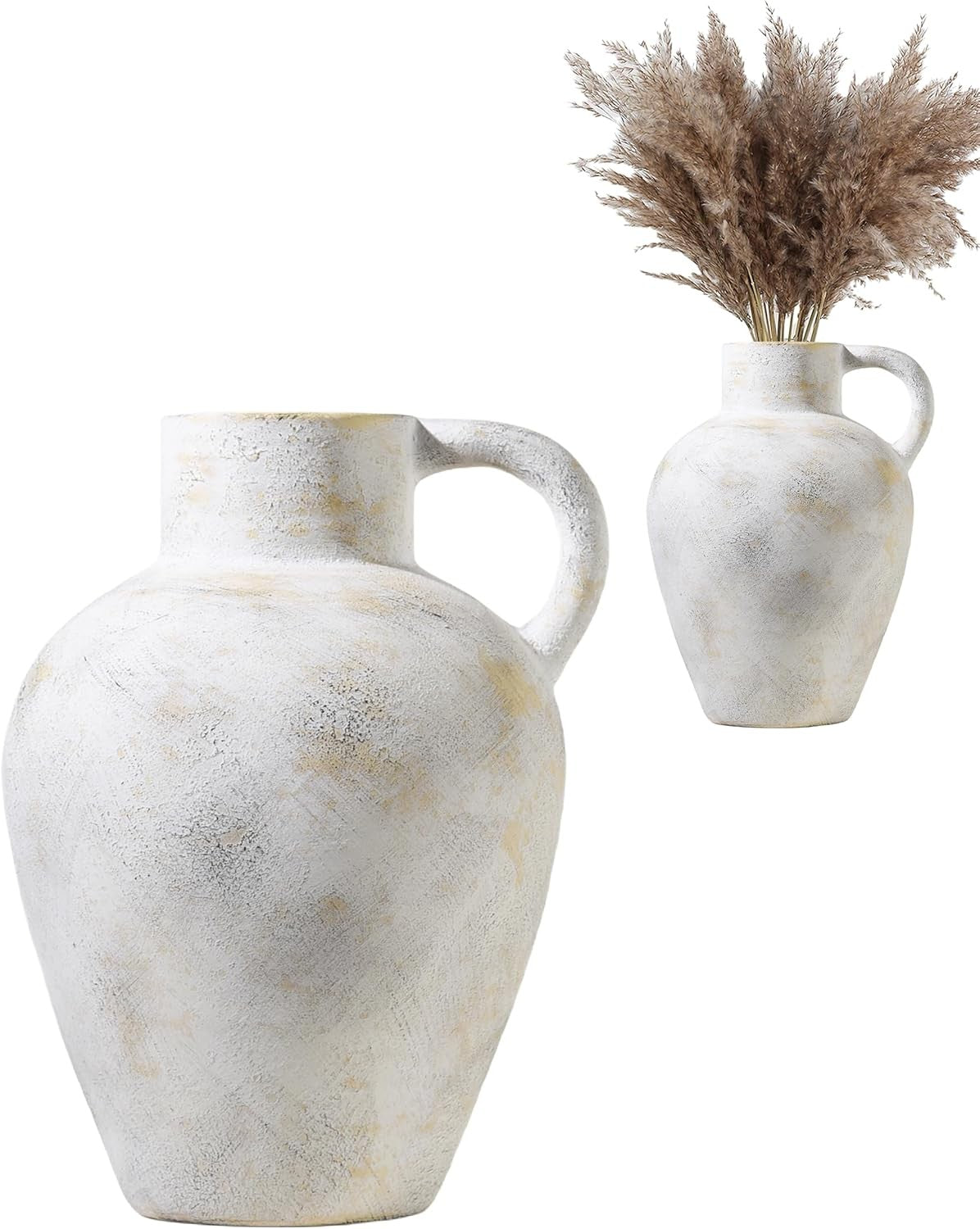 Large Rustic Ceramic Flower Vase 30.5cm Beige Farmhouse Jug Handle Decor