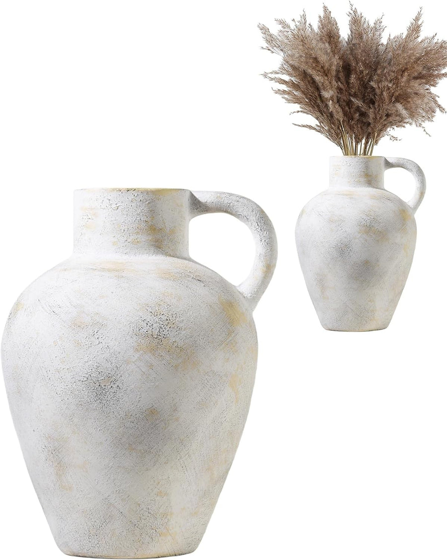 Large Rustic Ceramic Flower Vase 30.5cm Beige Farmhouse Jug Handle Decor