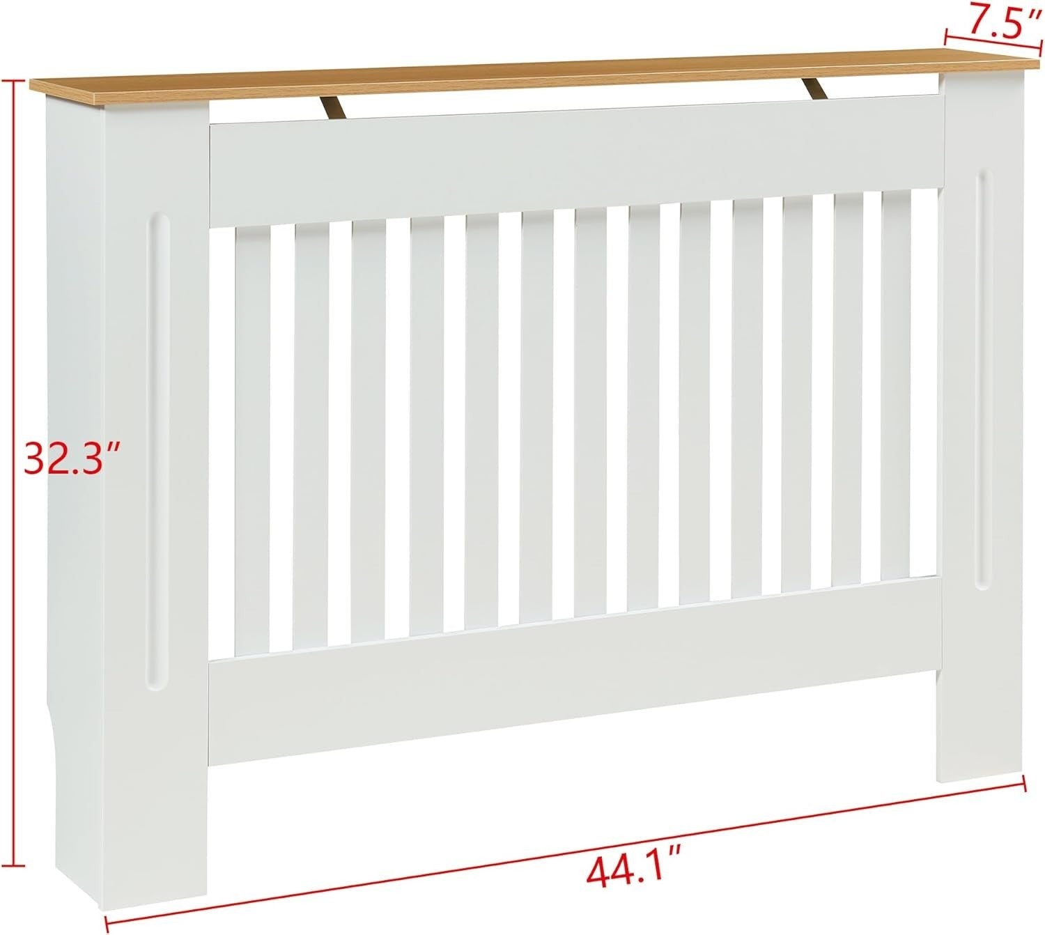 Medium White Radiator Cover 112cm Wood Top Modern Slatted Heating Cabinet
