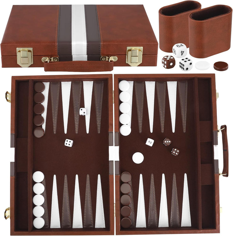15 Inch Backgammon Set Leather Case Portable Travel Board 2 Players