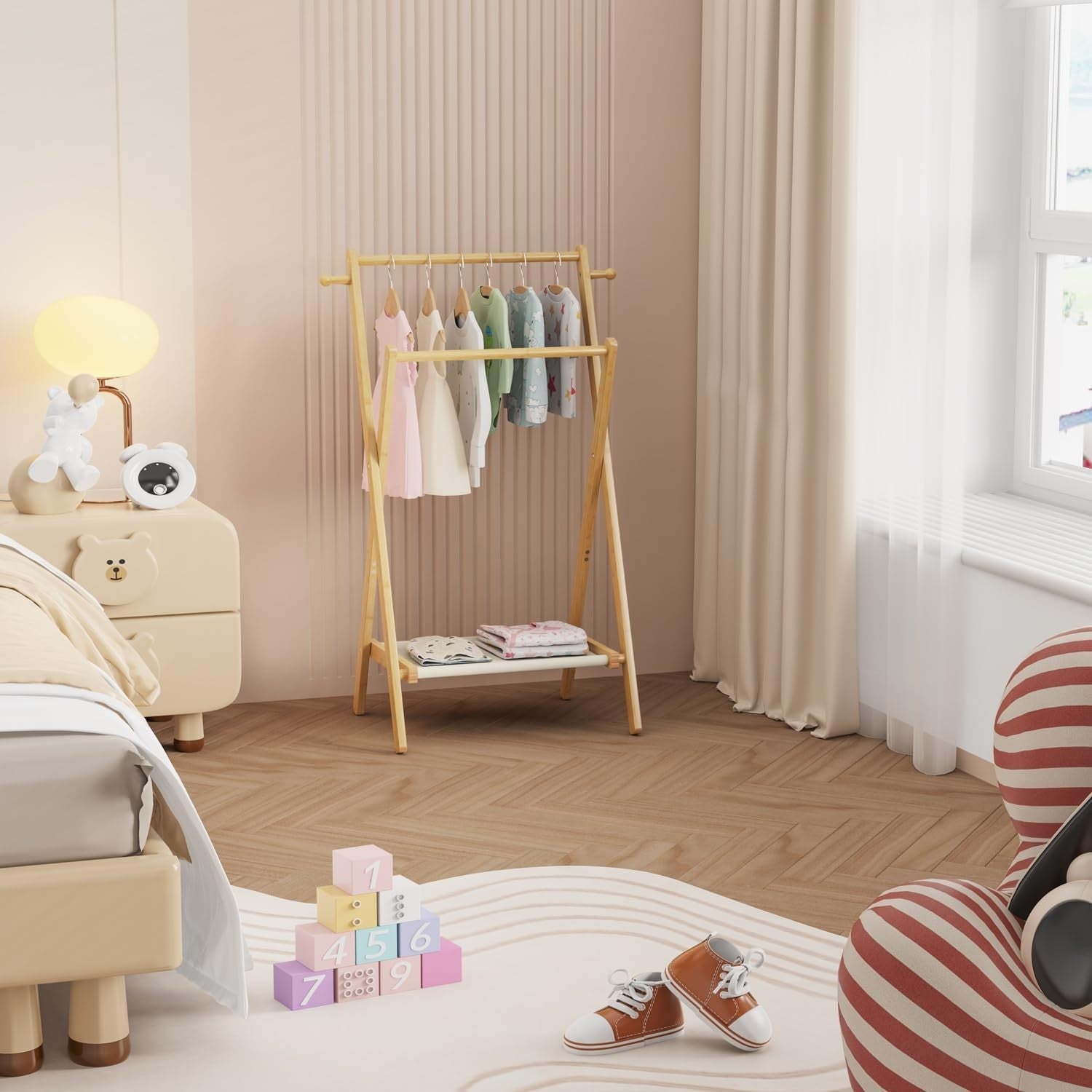 Bamboo Kids Clothing Rack Small Dress Up Rail with Shelf & Double Rods