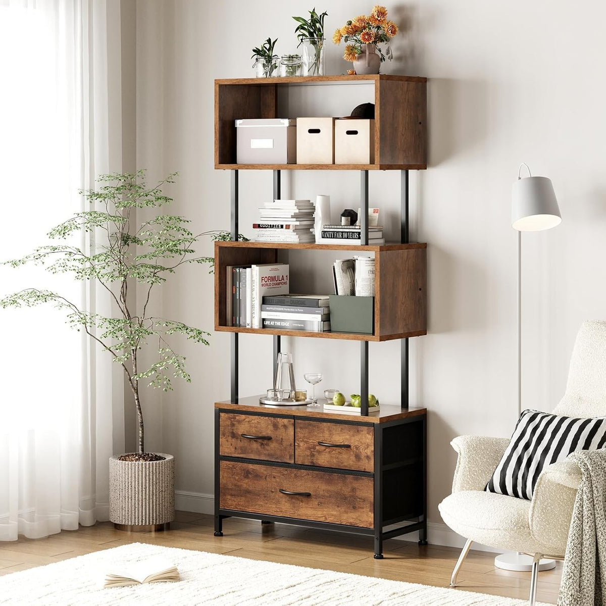 5 Tier Bookcase with 3 Drawers Vintage Industrial Shelving Unit 155cm Rustic