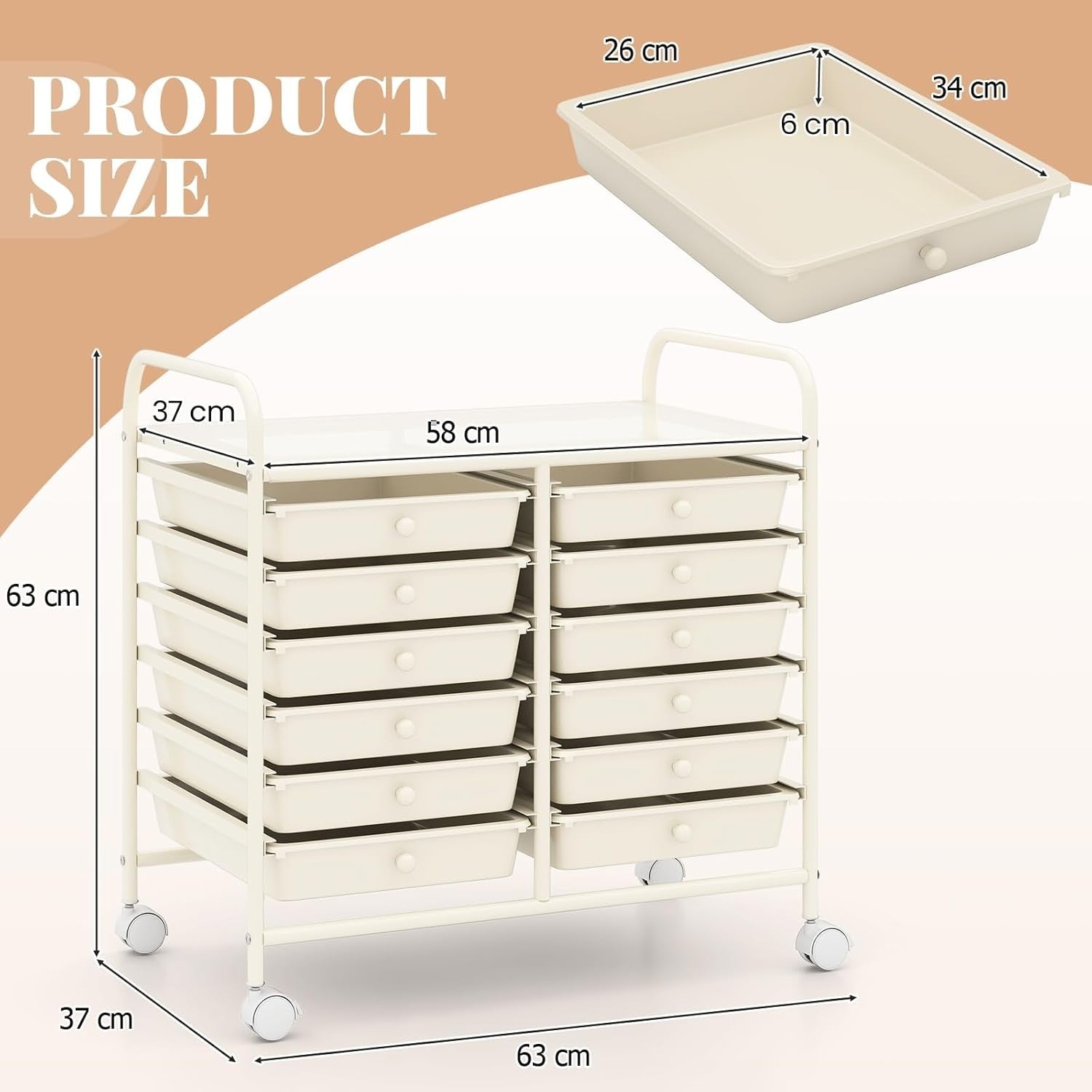 12 Drawer Rolling Storage Cart White Utility Trolley Organizer Wheels