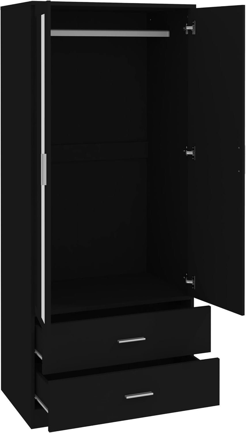 Black Mirrored 2 Door Wardrobe with Hanging Rail & Drawers - Modern Storage