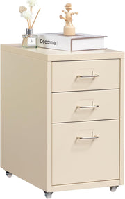 Cream Metal Rolling Drawer Cabinet 3 Tier Under Desk File Storage
