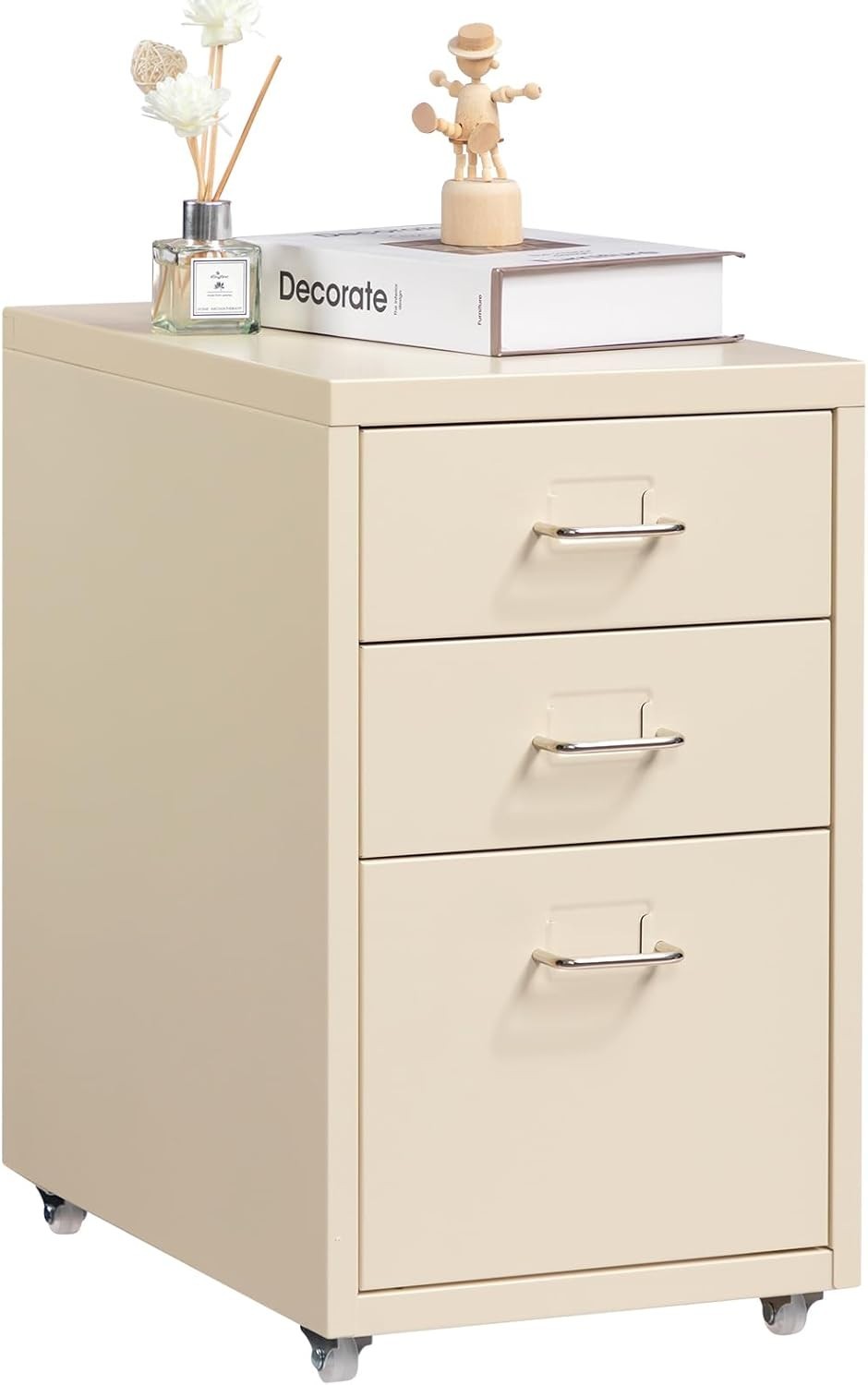 Cream Metal Rolling Drawer Cabinet 3 Tier Under Desk File Storage