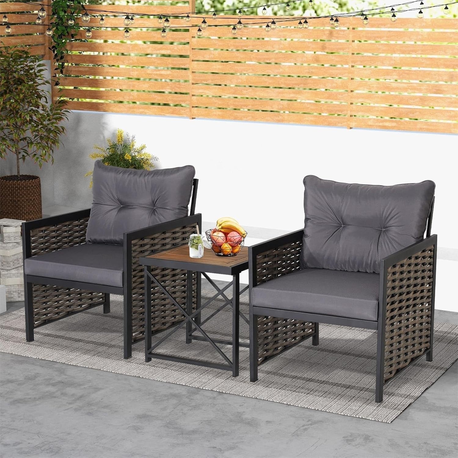 Outdoor Rattan Bistro Conversation Set Acacia Table Soft Cushions Patio