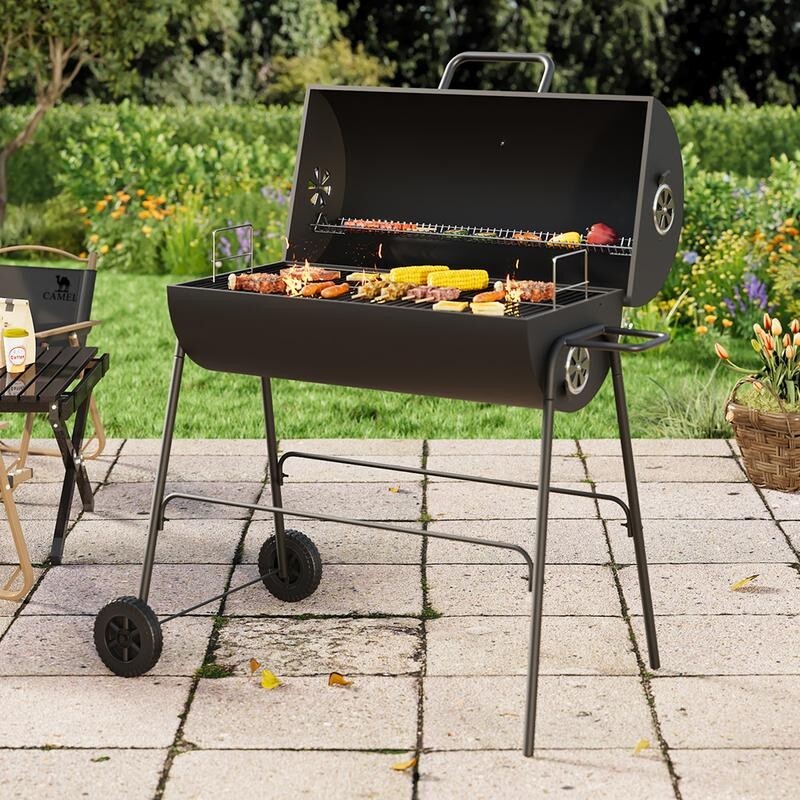 Charcoal BBQ Grill Outdoor Garden Cooker with Wheels & Thermometer