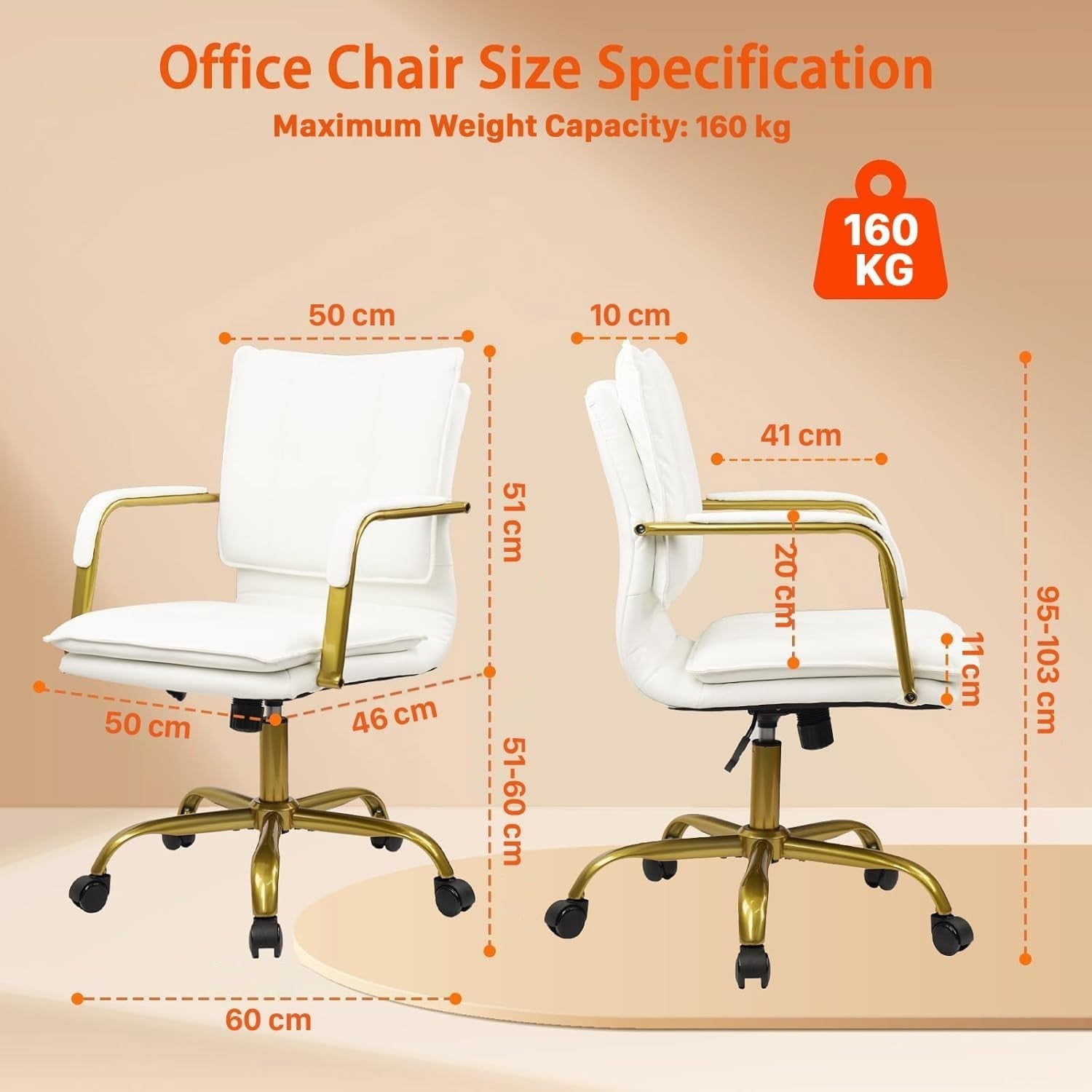 Executive Ergonomic Office Desk Chair White Faux Leather Adjustable Swivel Rolli