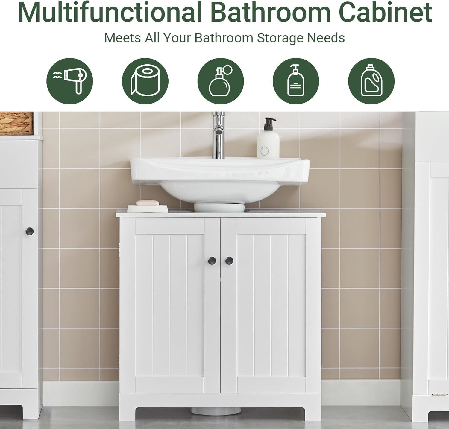 White Under Sink Bathroom Cabinet 2 Door Storage Unit – Modern, MDF, 60cm