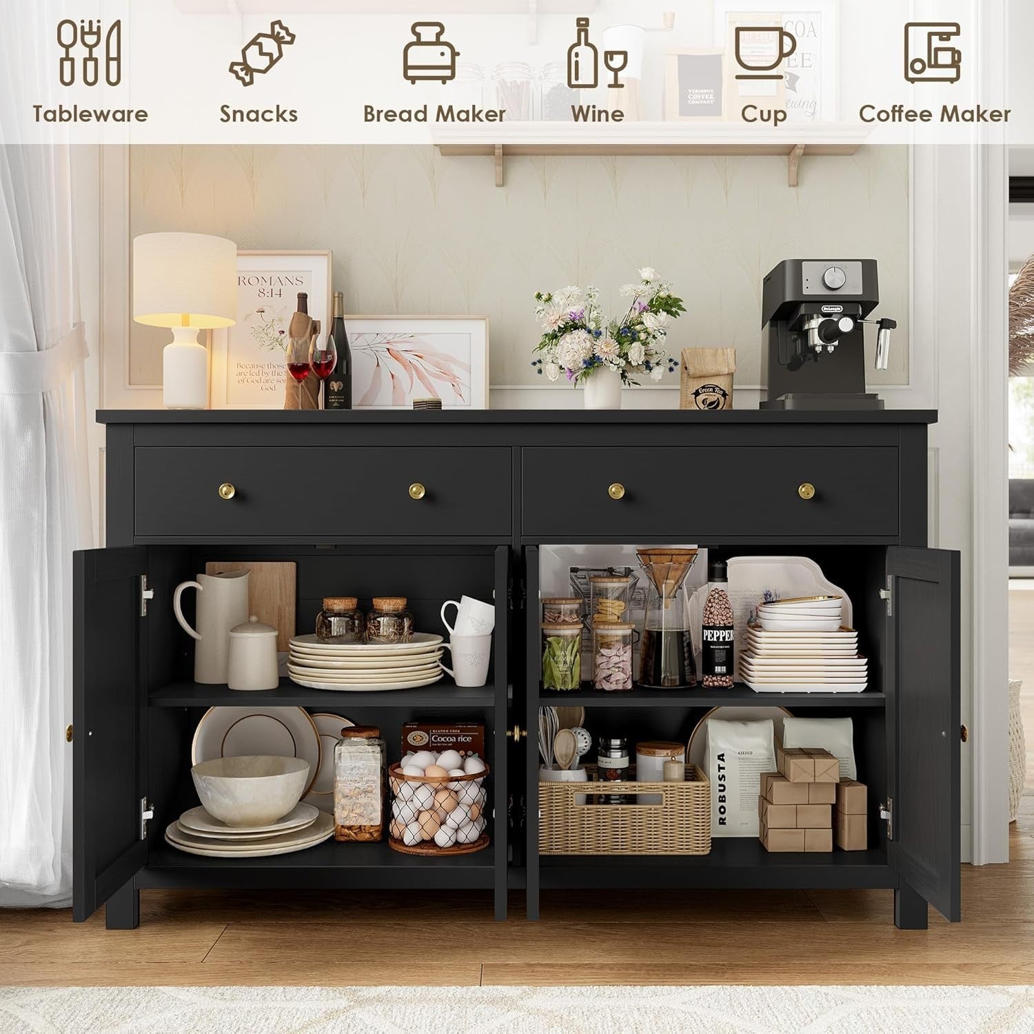 Large Black Kitchen Sideboard 4 Doors 2 Drawers Adjustable Shelves Storage