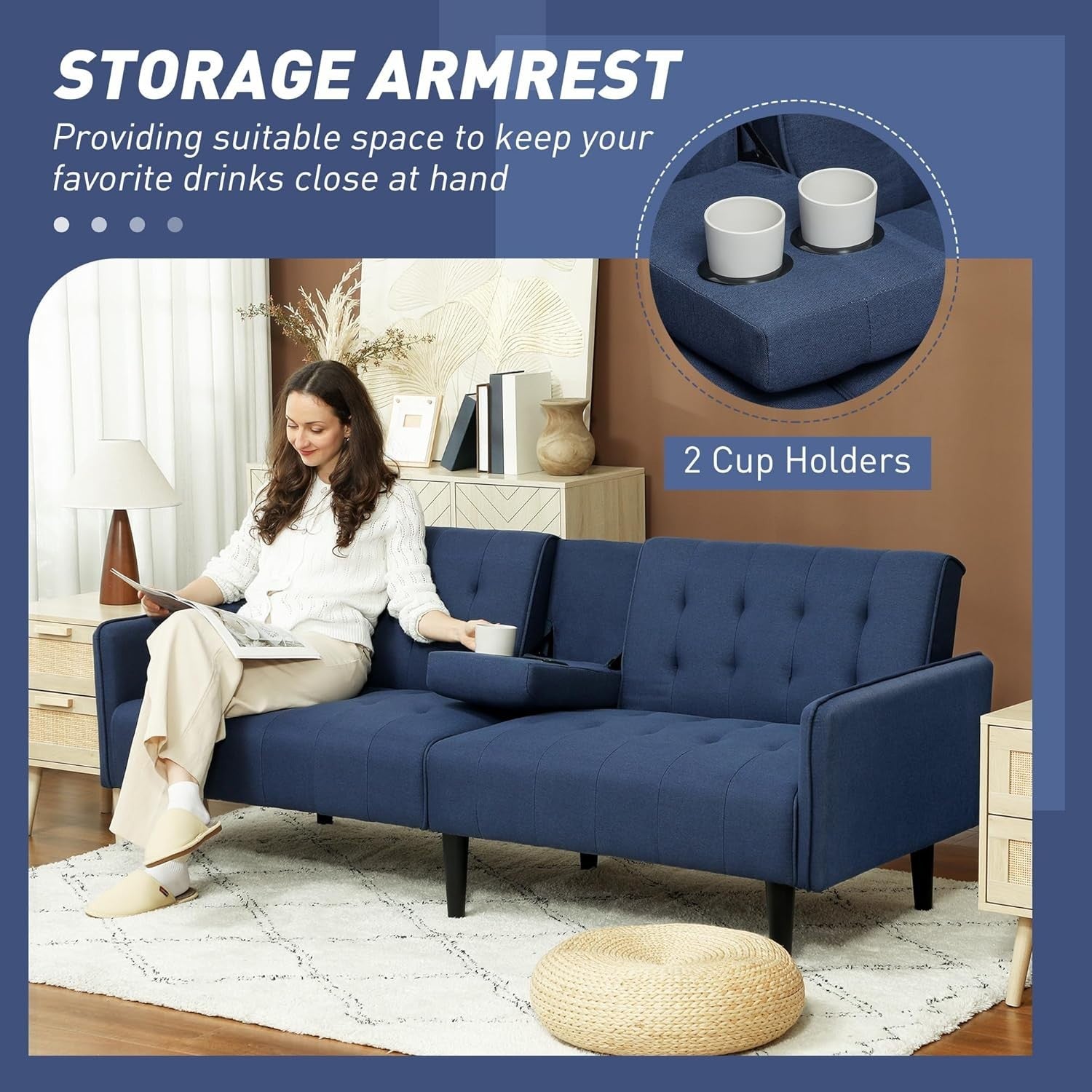 Click Clack Sofa Bed 3 Seater Dark Blue Linen Couch w/ Cup Holders