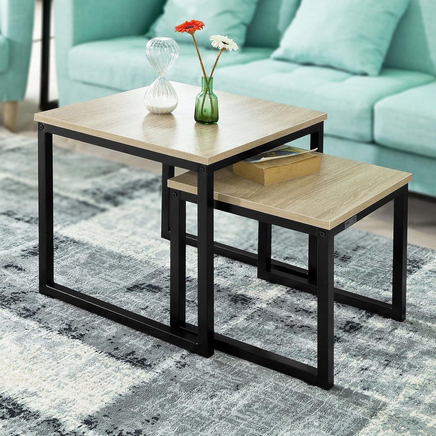 2pc Nested End Tables Natural Wood & Black Metal Frame Coffee Side Lamp Set