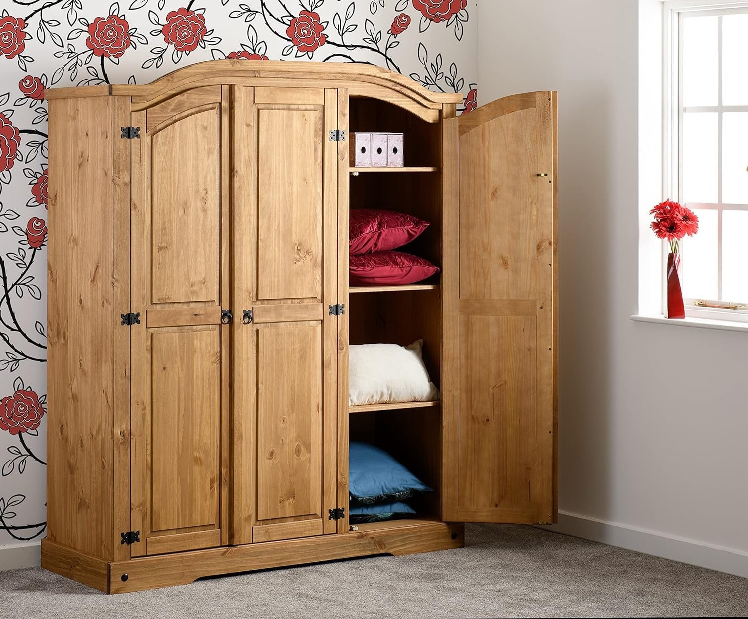 Rustic 3 Door Pine Wardrobe with Hinged Doors & Metal Handles - Bedroom
