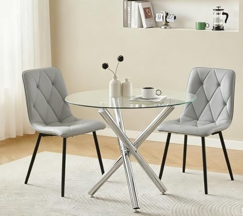 Modern 5-Piece Round Glass Dining Table Set with 2 Grey Velvet Chairs