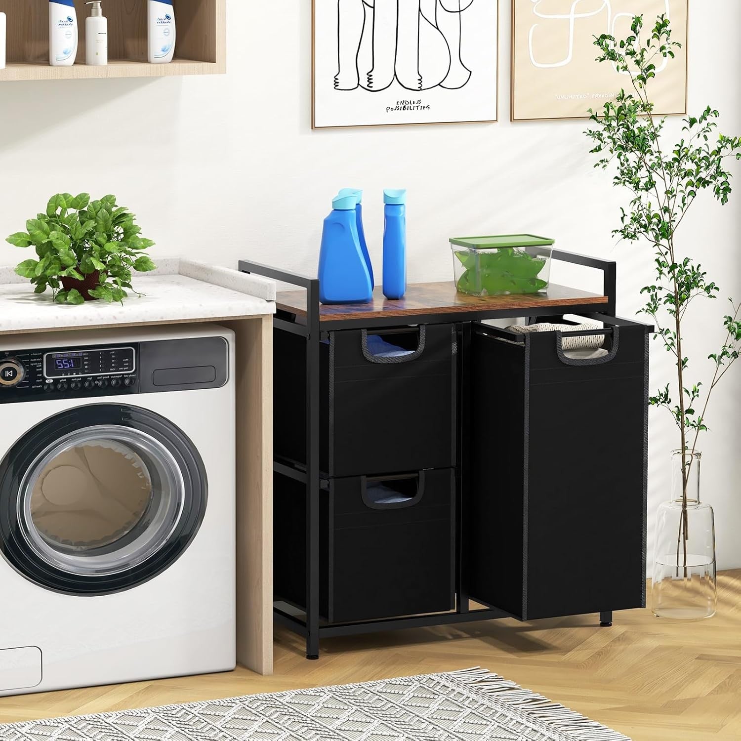 3 Compartment Laundry Basket Pull Out Hampers with Shelf Metal Frame