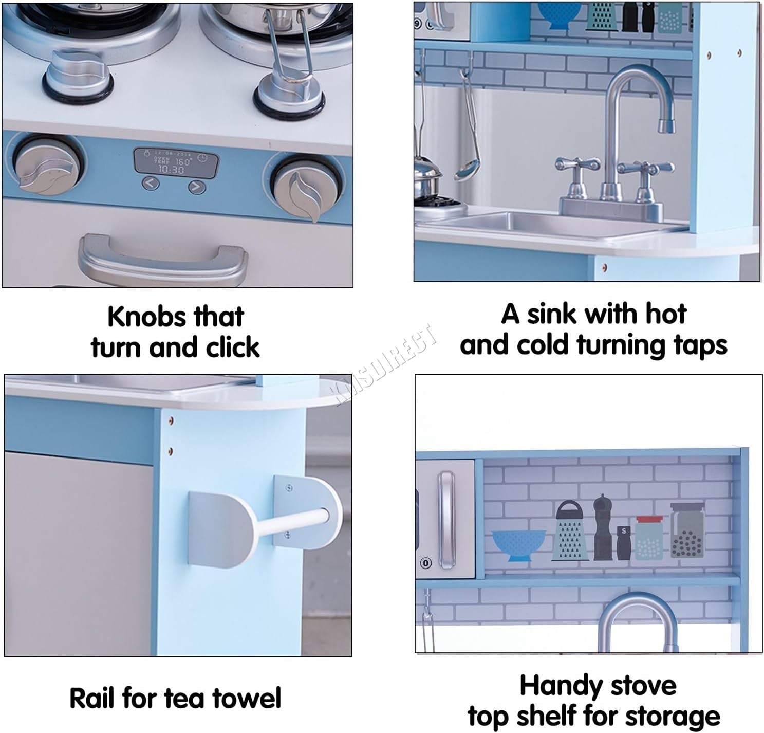 Wooden Kids Play Kitchen Role Play Cooking Toy Set Blue Accessories