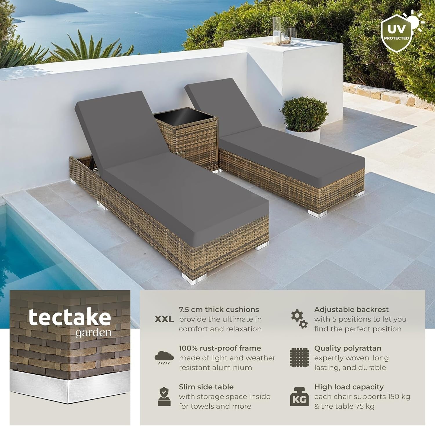 3PC Rattan Sun Lounger Set Outdoor Reclining Garden Bed w/ Table Cover