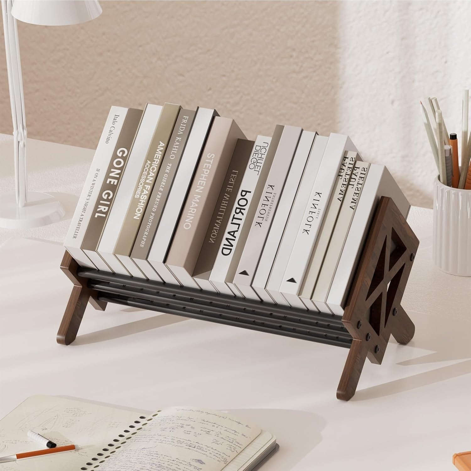 Wood Tilting Desktop Bookcase Organizer Rack for Books CDs Magazines Brown