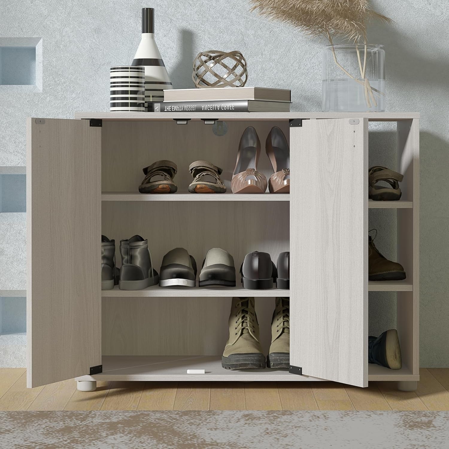 Modern Shoe Storage Cabinet with Doors, Oak Finish, Fits 12 Pairs, Entryway