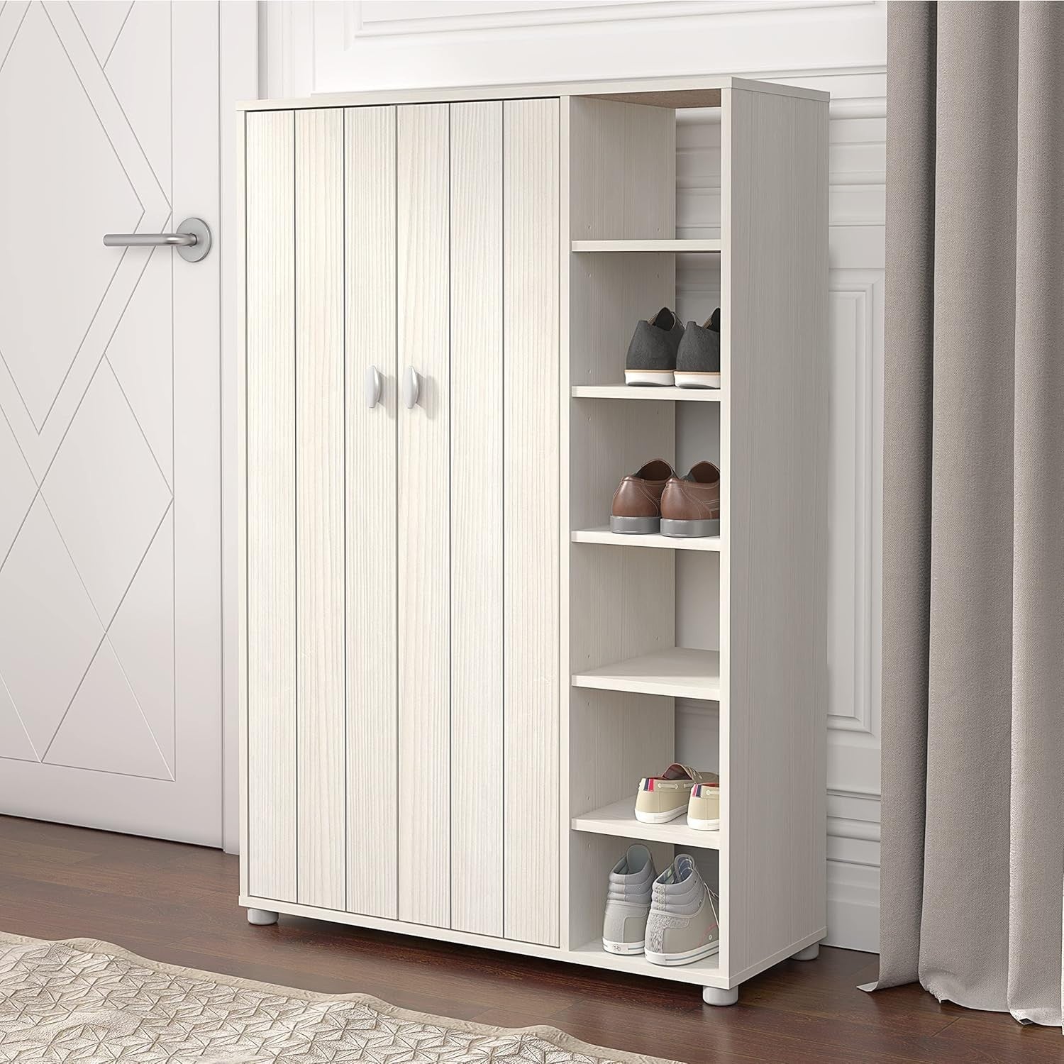 Cream Oak 2-Door Shoe Cabinet 24-Pair Storage 79.6x35.3x119cm