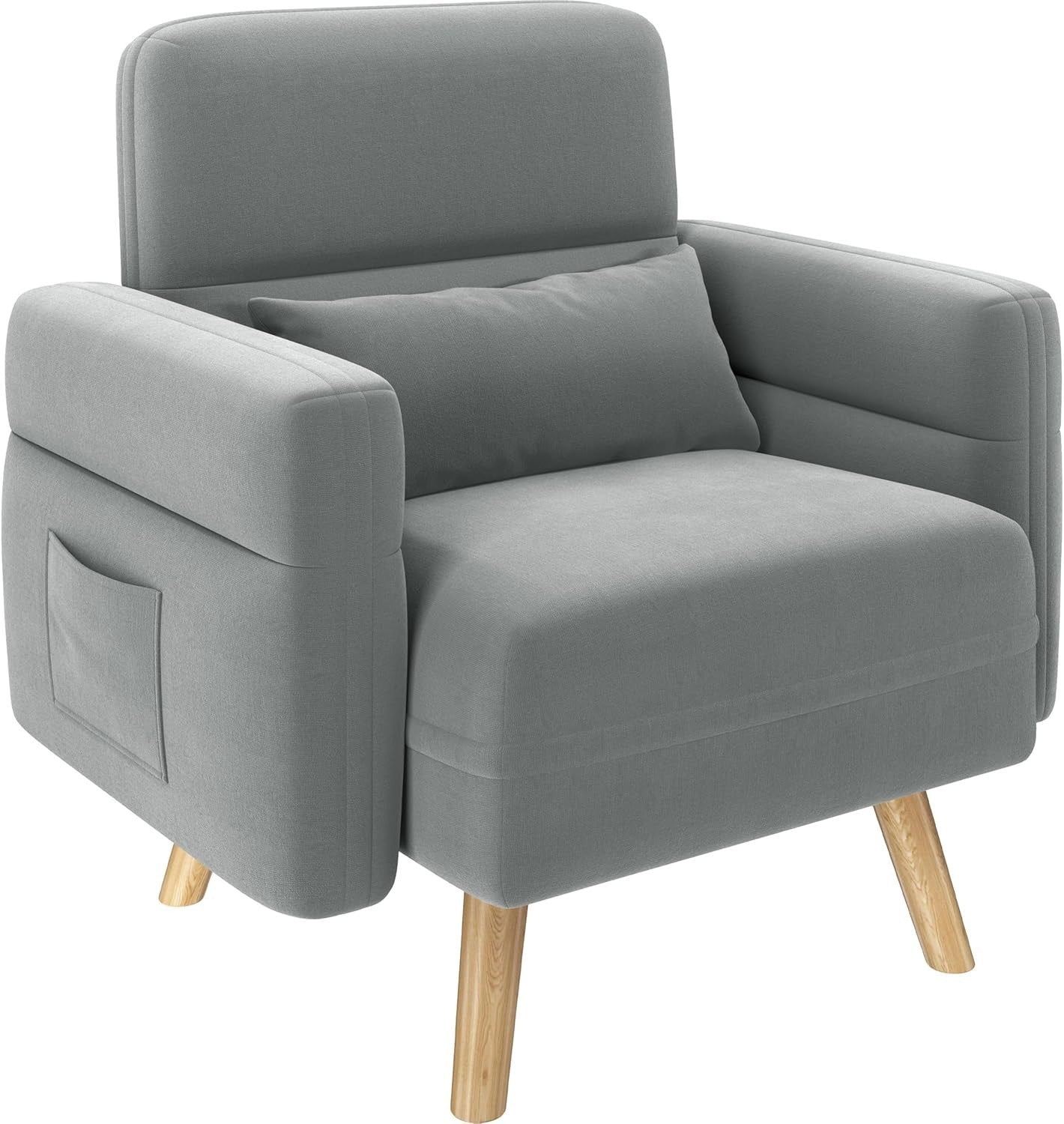 Modern Small Grey Fabric Armchair with Storage Pockets & Lumbar Support
