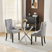 Modern 5-Piece Round Glass Dining Table with 2 Light Grey Velvet Chairs