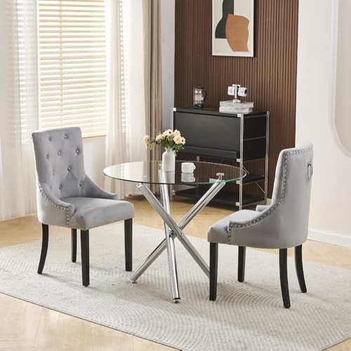 Modern 5-Piece Round Glass Dining Table with 2 Light Grey Velvet Chairs