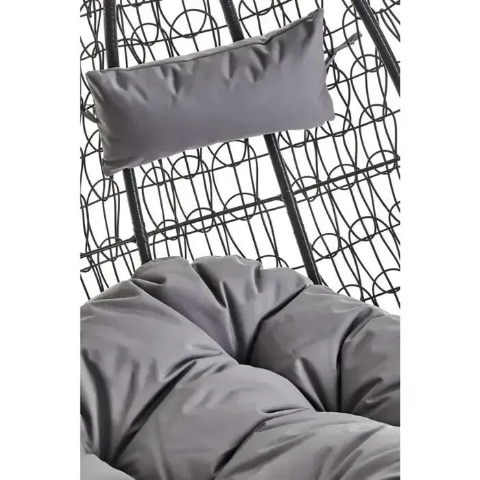 Double Hanging Egg Chair Black Rattan Swing Seat with Grey Cushions Outdoor