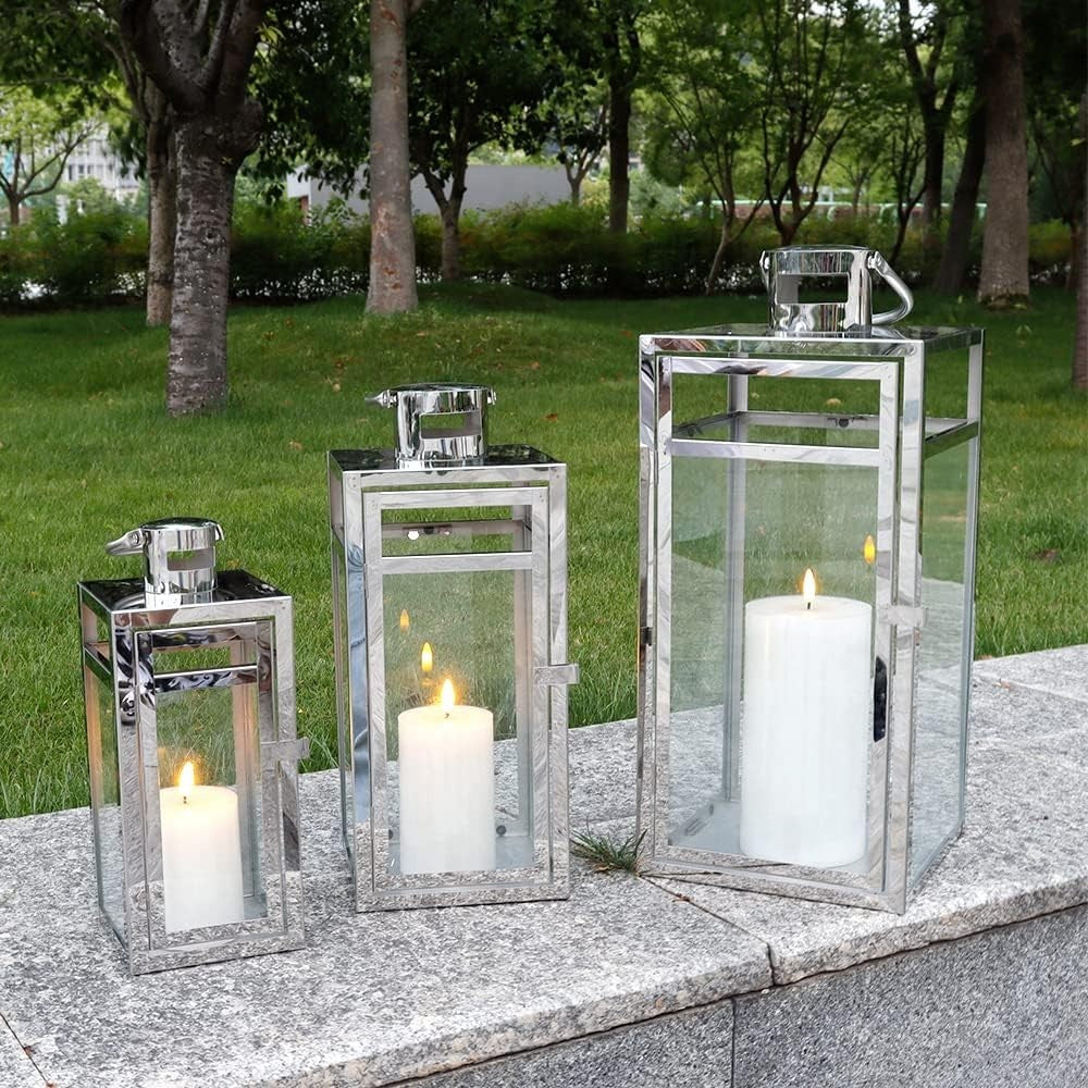 3 Pack Silver Stainless Steel Candle Lanterns Indoor Outdoor Decor