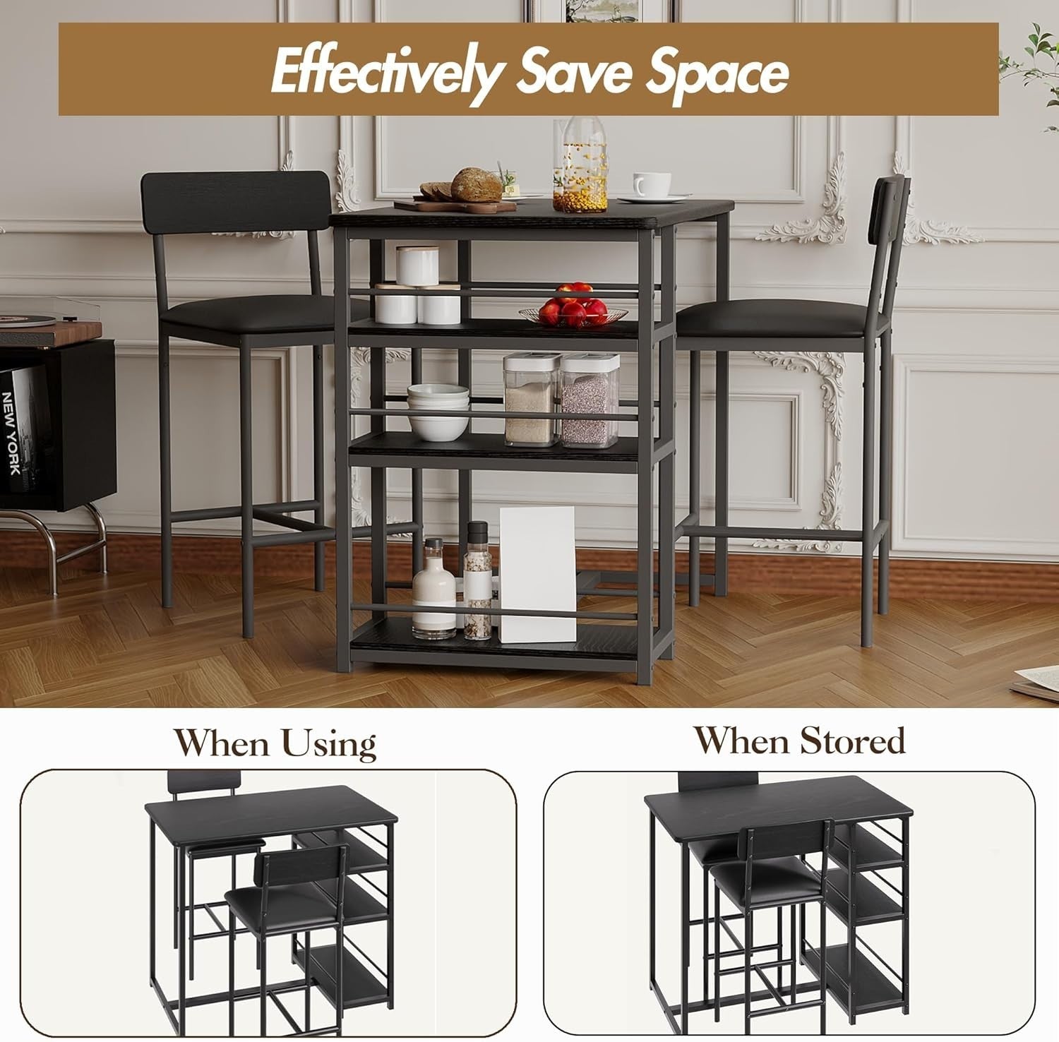 Bar Table Black 3-Piece Set with Shelves and 2 Stools Space-Saving Dining Set