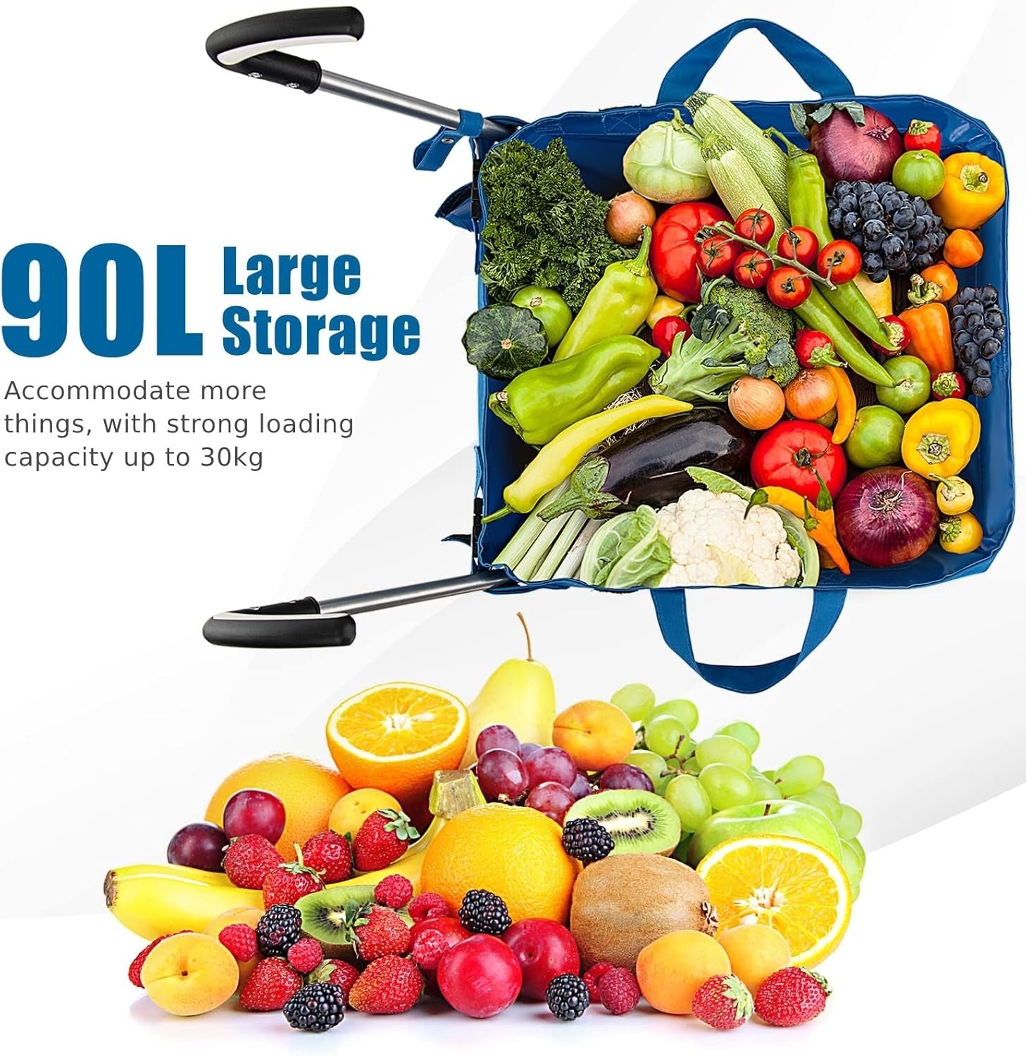 90L Folding Shopping Cart 8 Wheels Waterproof Grocery Trolley Blue