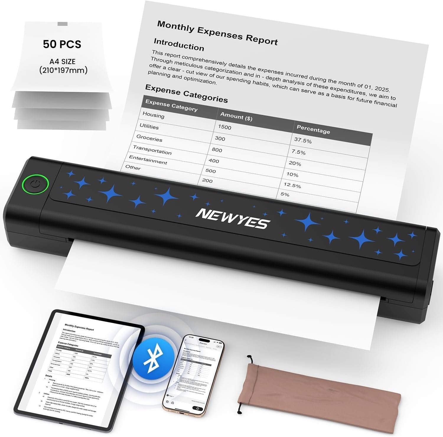 A4 Portable Thermal Printer Inkless Bluetooth for iOS Android