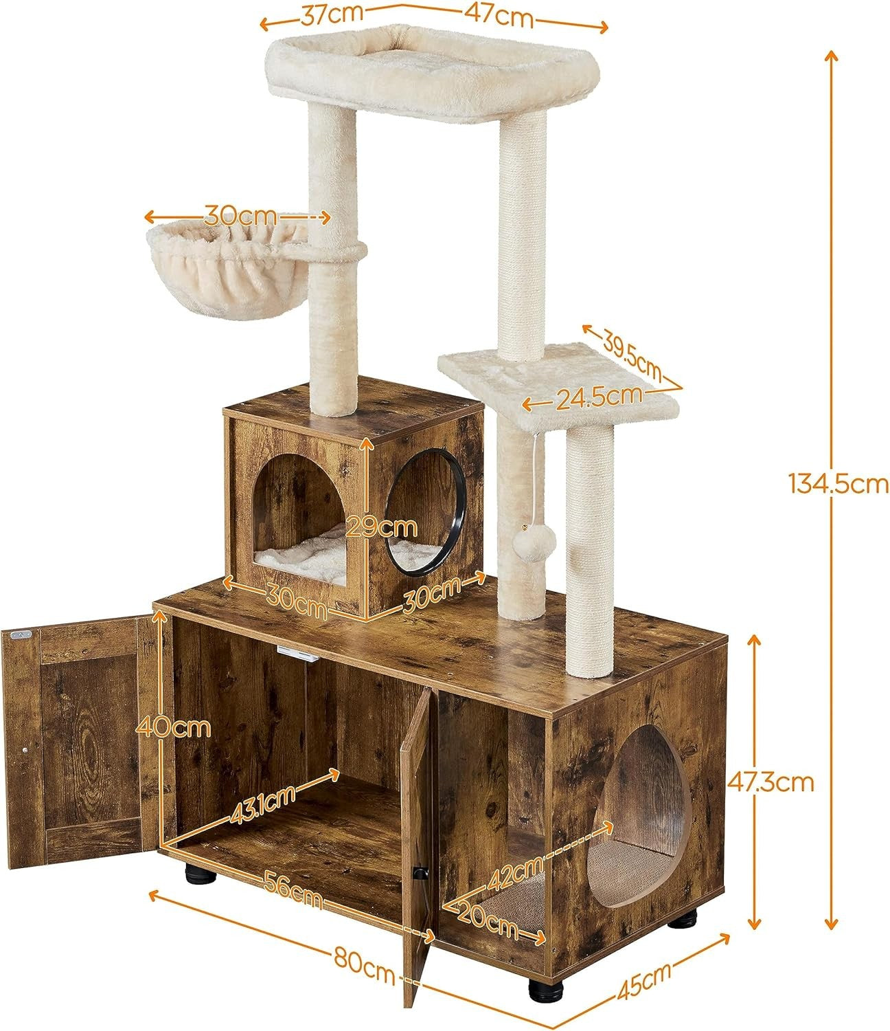 Rustic Cat Tree with Litter Box Enclosure Wooden Condo Tower Beige Brown