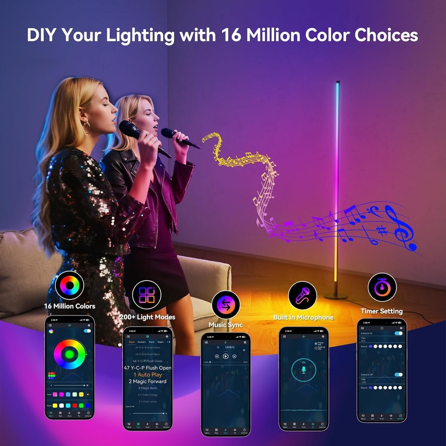 Smart RGB Corner Floor Lamp 160cm App Remote Music Sync Colour Light